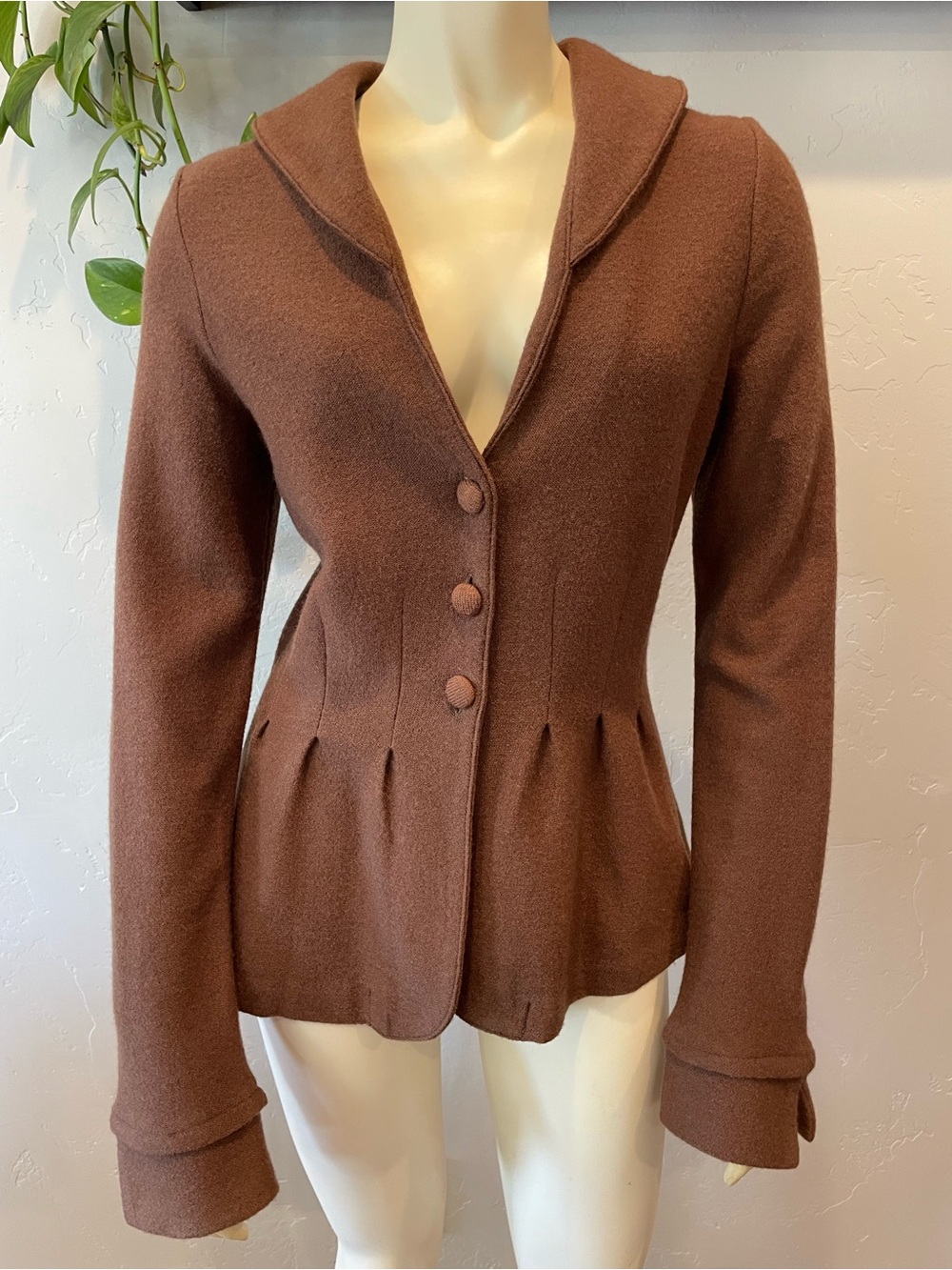 Anthropologie Guinevere 100% boiled wool Brown Button Front peplum Jacket S